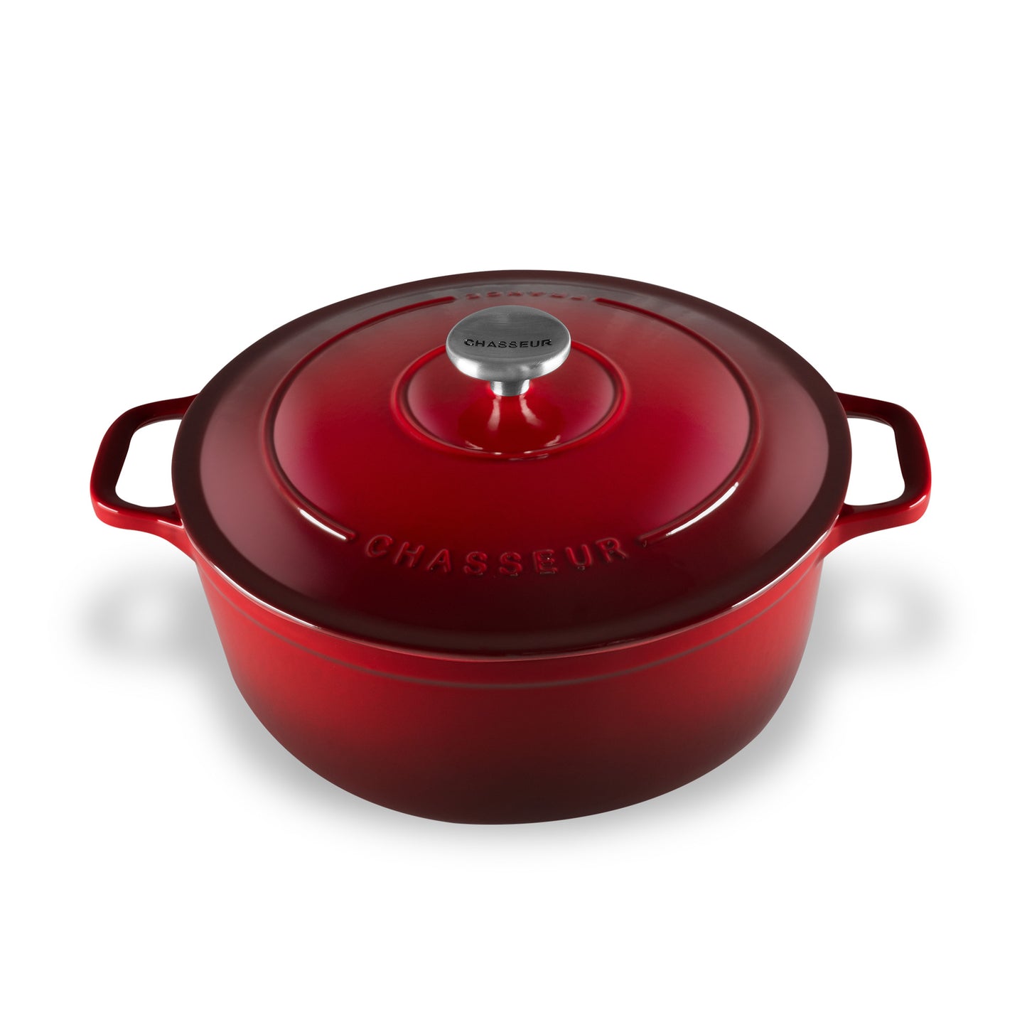 Red cast iron cookware with 'Chasseur' branding on a white background