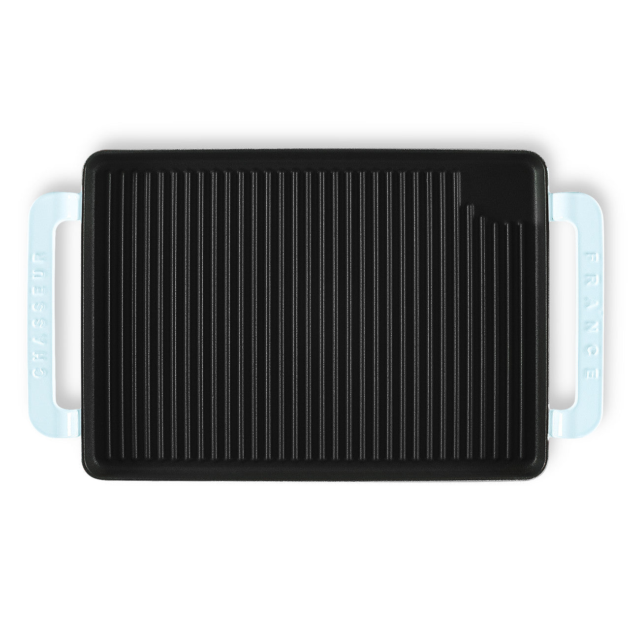 Black grill pan with handles on a white background