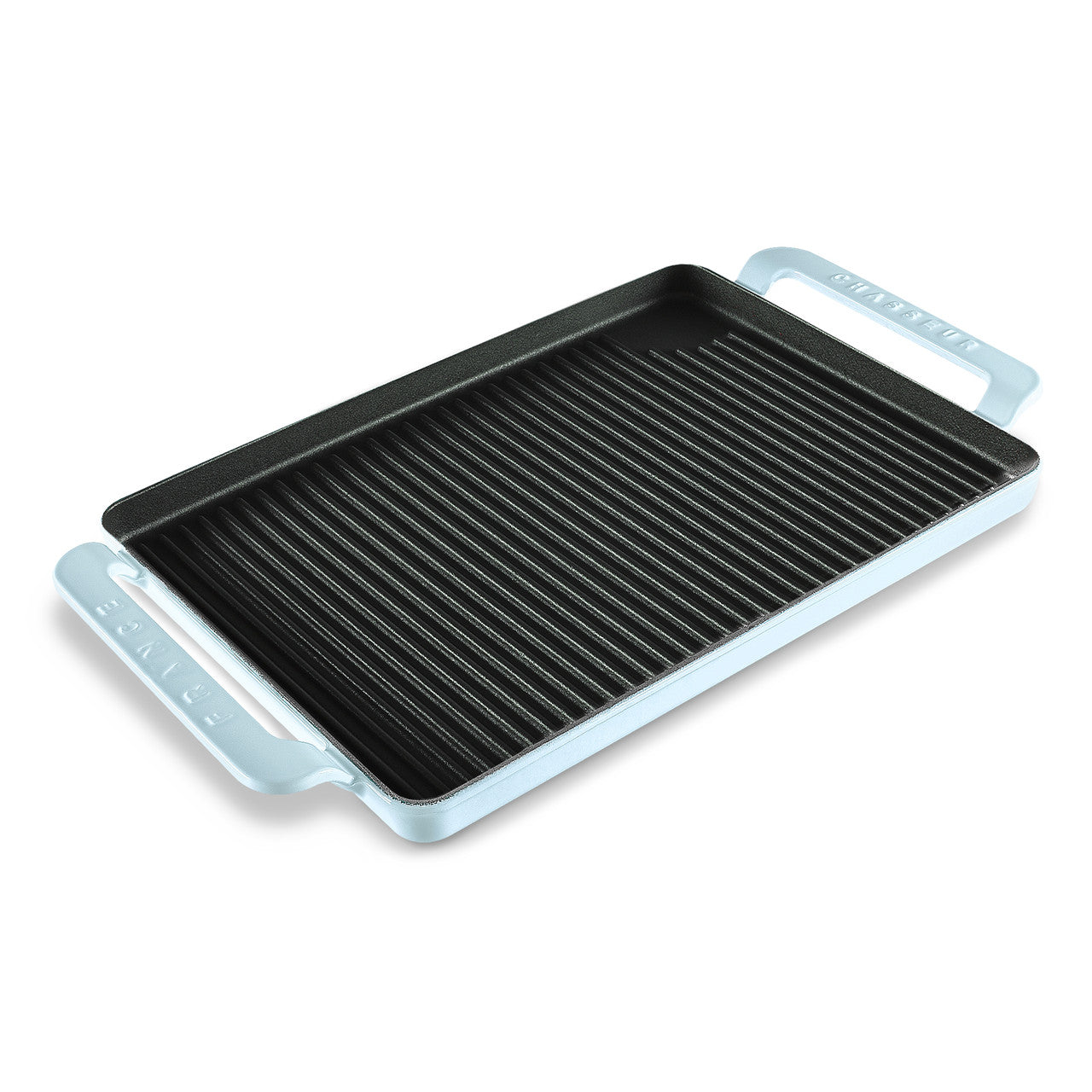 Rectangular grill pan with blue handles on a white background