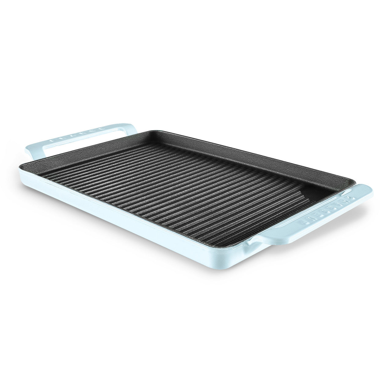 Rectangular grill pan with blue handle on a white background