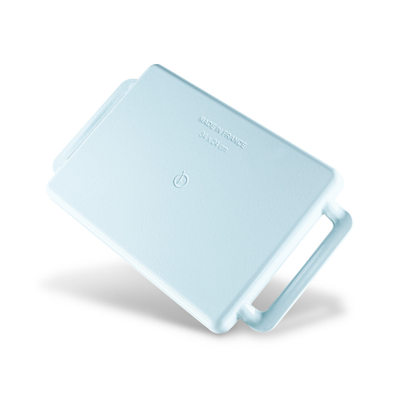 Light blue power bank with brand logo on a white background