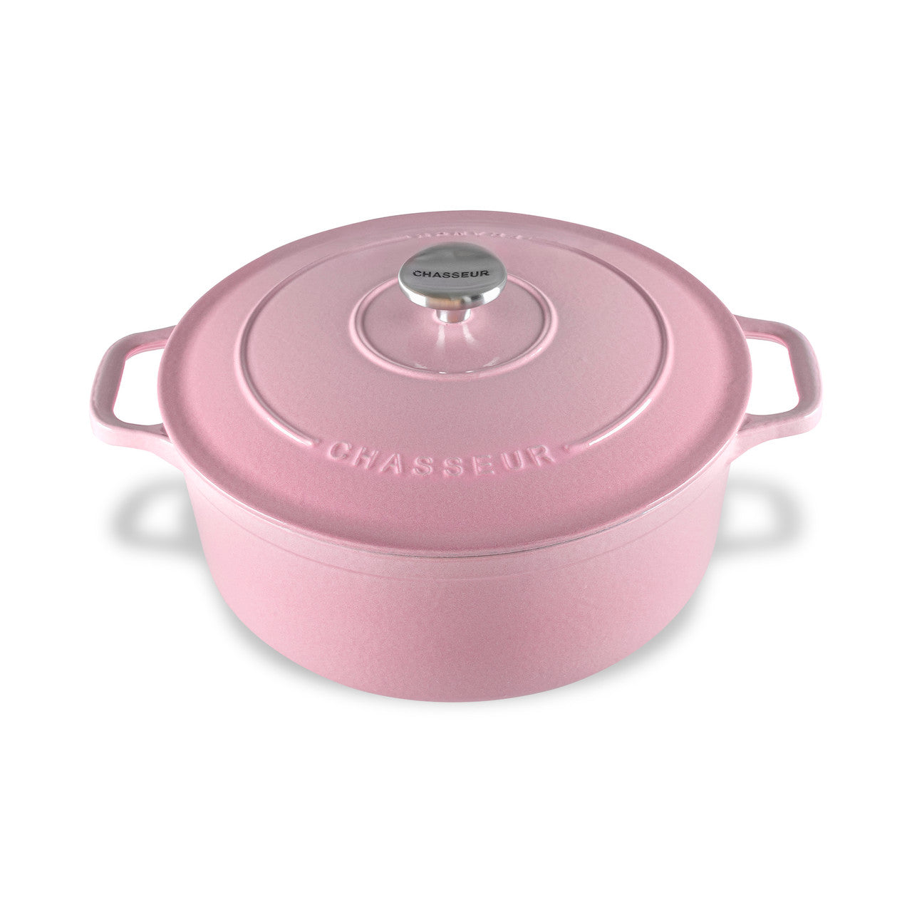 Pink Chasseur cast iron cookware on a white background