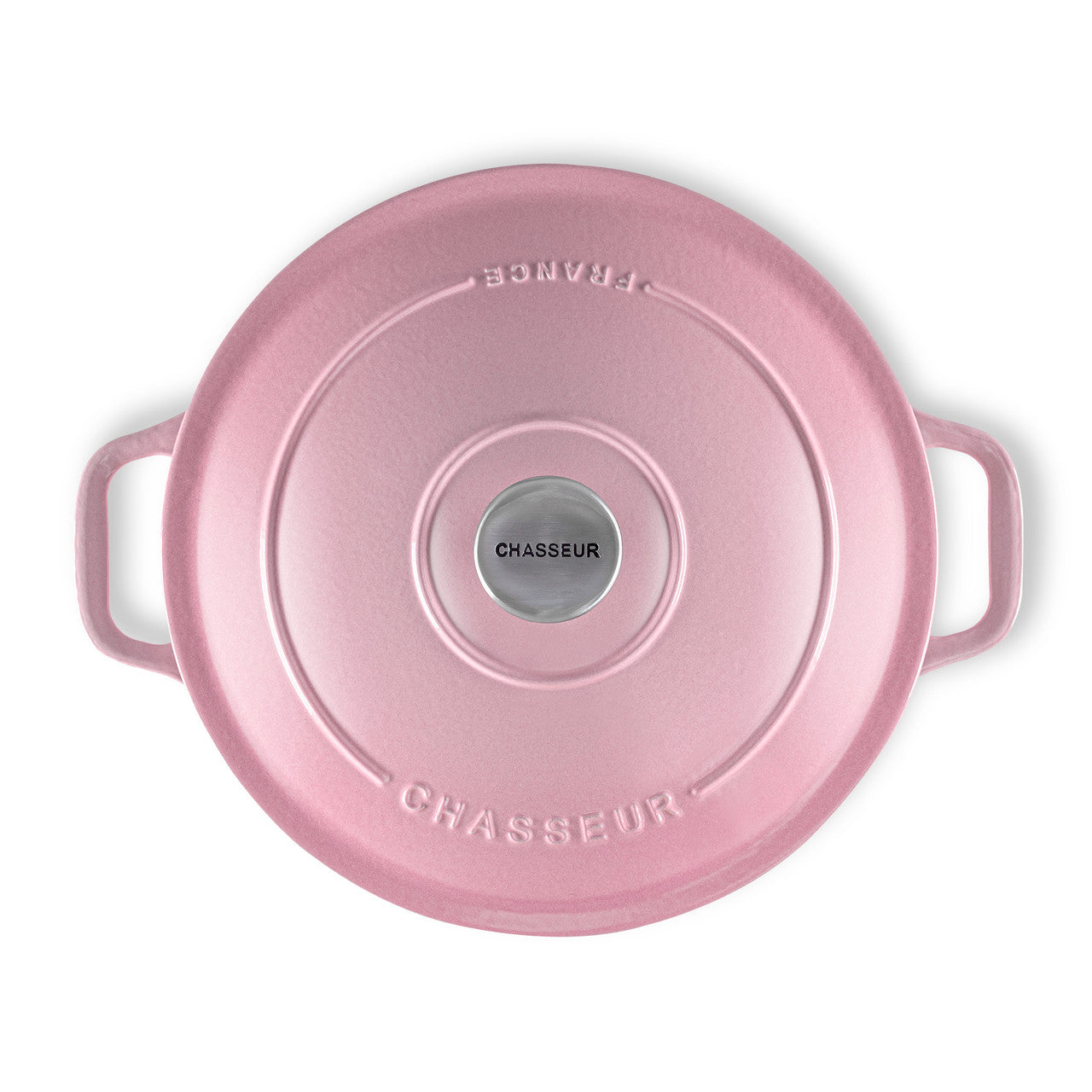 Pink cast iron cookware lid with 'Chasseur' branding on a white background
