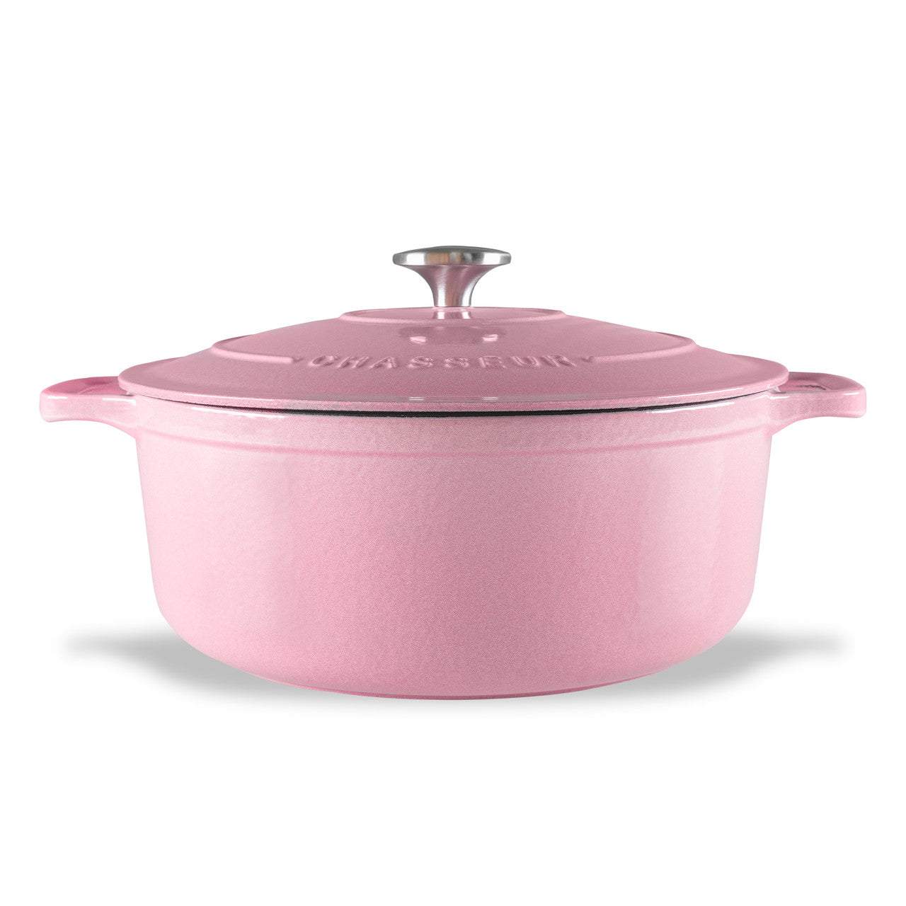 Pink cast iron cookware pot on a white background