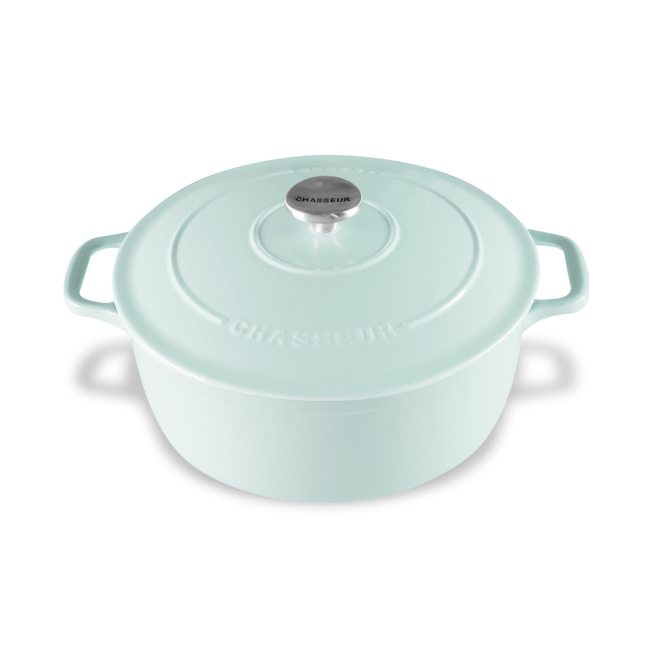 Light blue cast iron cookware pot with handles on a white background