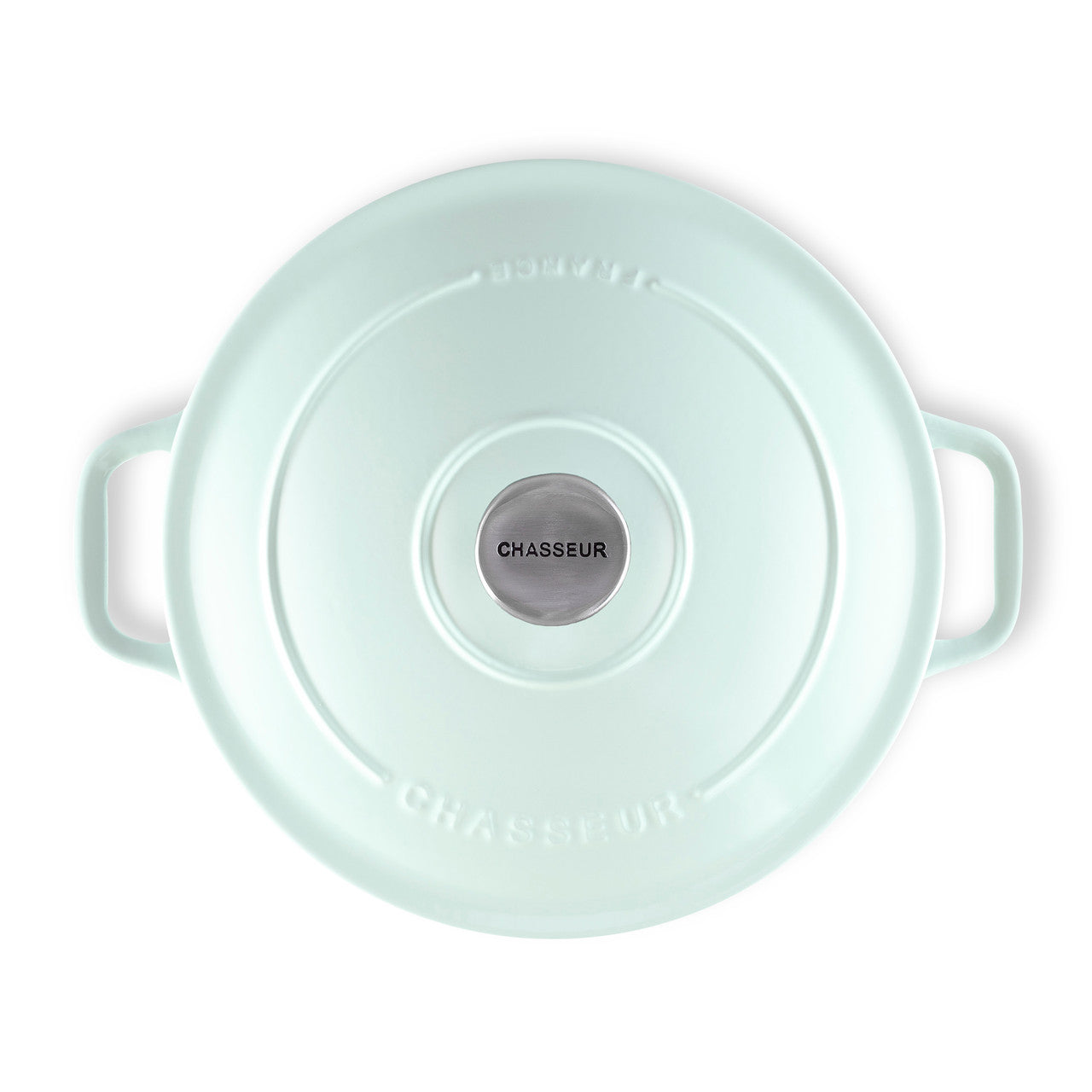 Light blue pot lid with 'Chasseur' branding on a white background