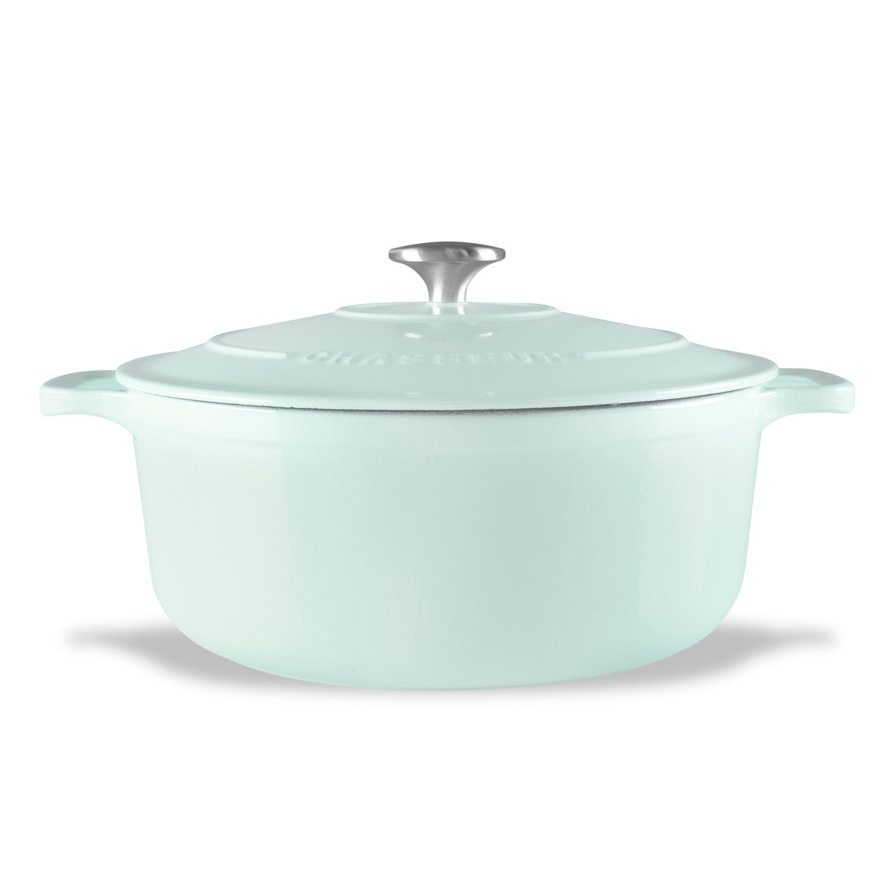 Light blue ceramic cookware with silver lid on a white background