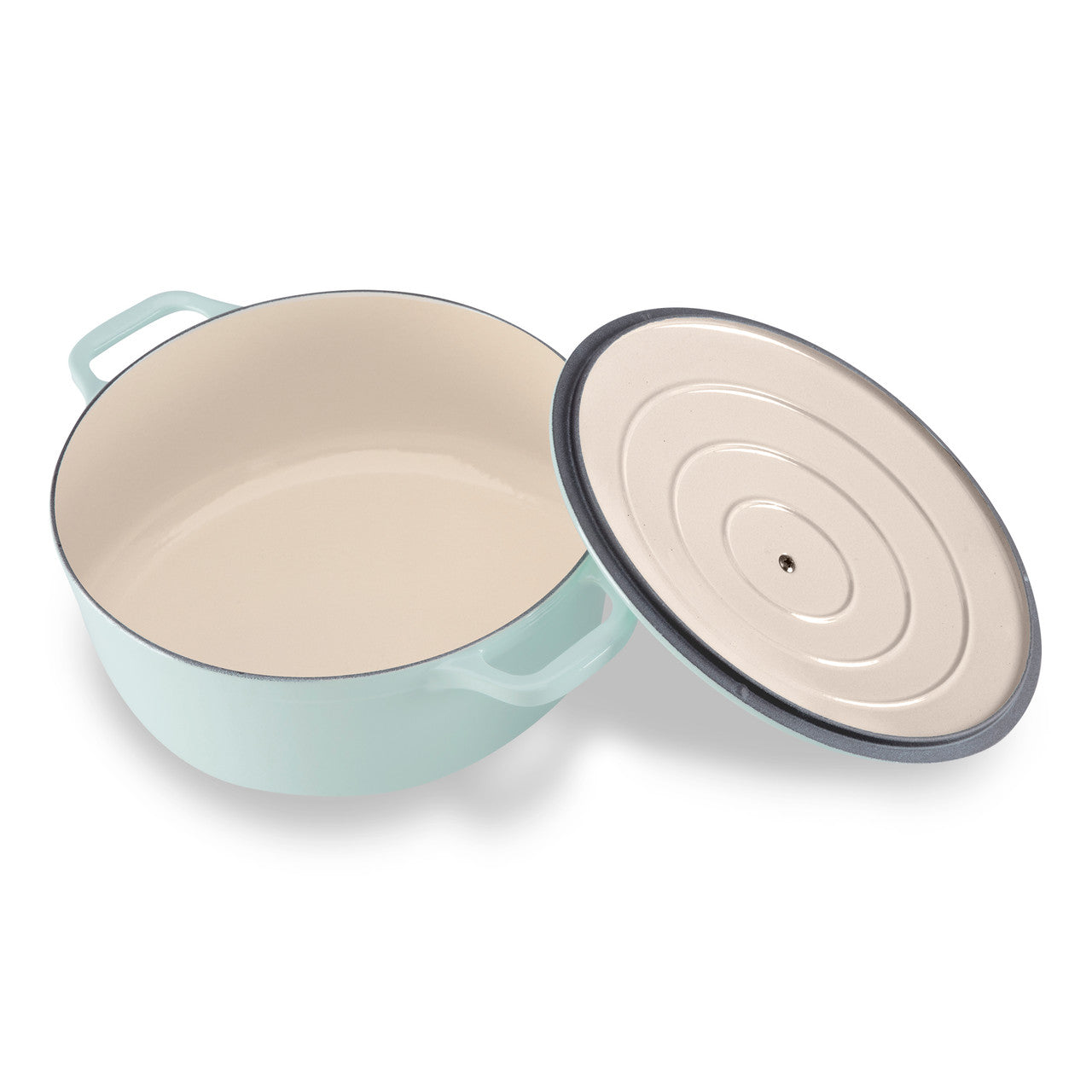 Light blue enameled cast iron cookware with beige interior and lid on a white background