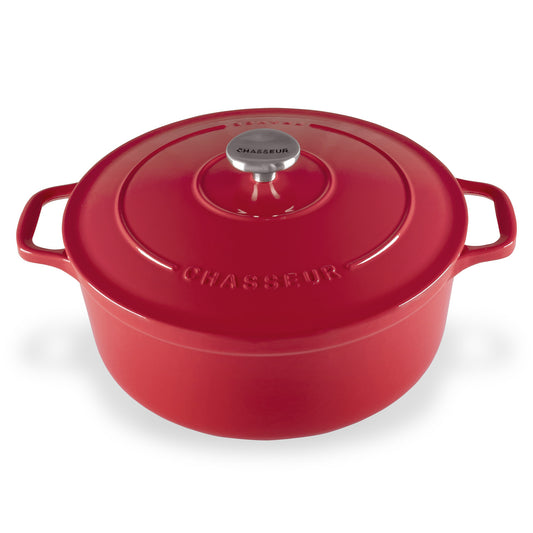 Red Chasseur cookware pot with lid on a white background