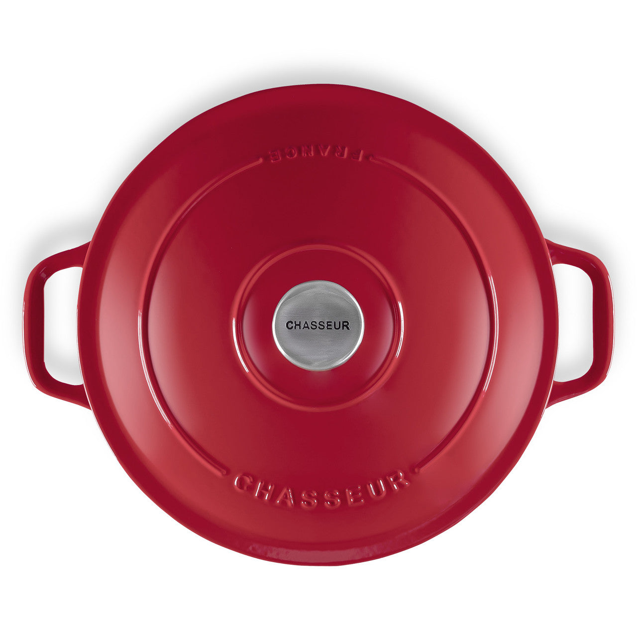 Red cookware lid with 'Chasseur' branding on a white background