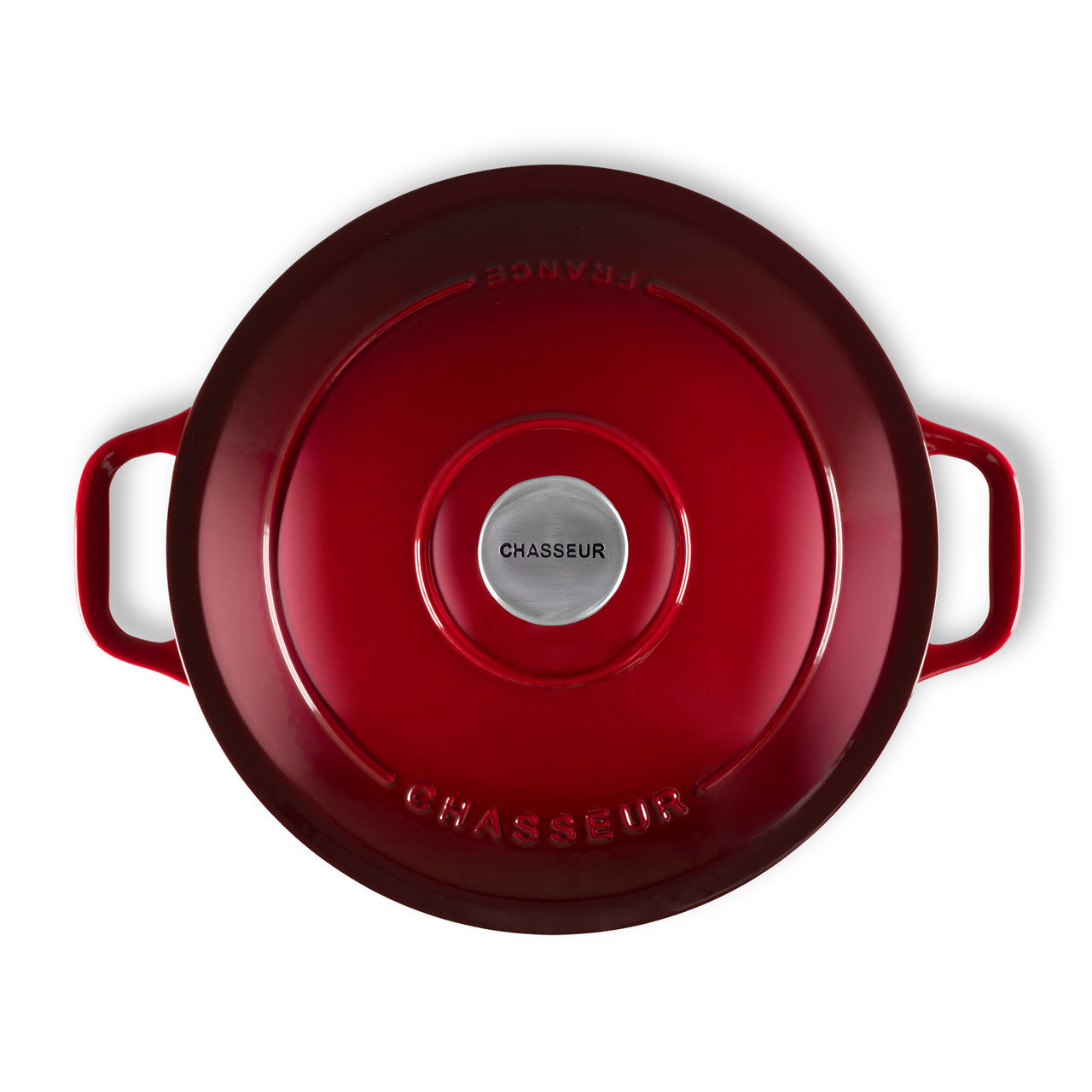 Red enameled cast iron Dutch oven with 'Chasseur' branding on a white background