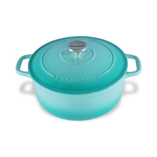 Turquoise Dutch oven with 'Chasseur' branding on a white background