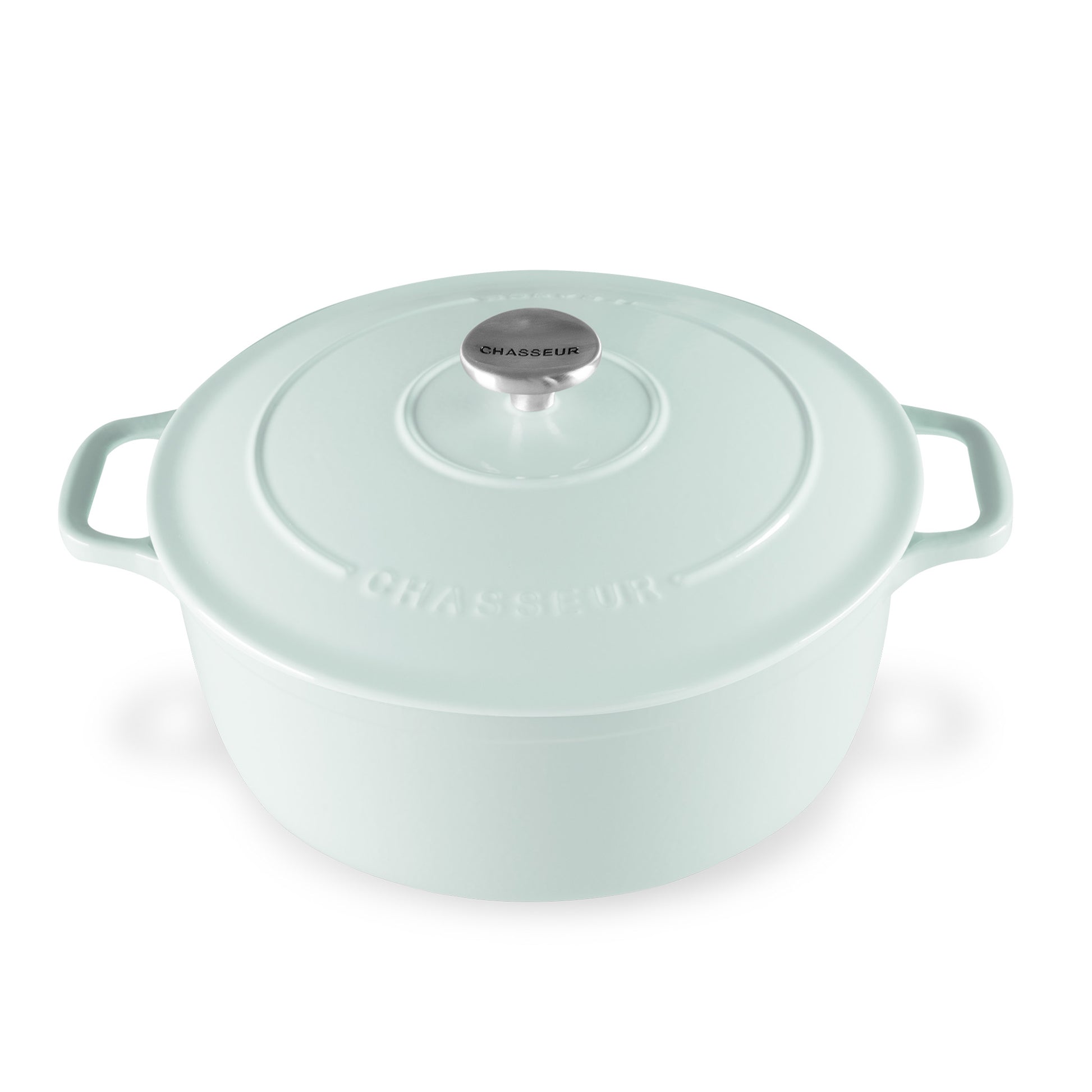Light blue cast iron cookware with a lid on a white background