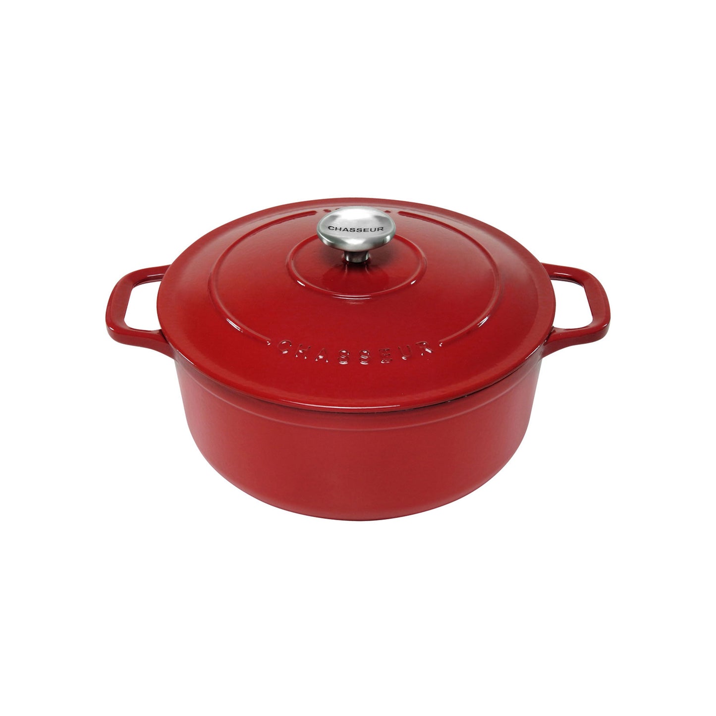Red cast iron cookware pot with lid on a white background