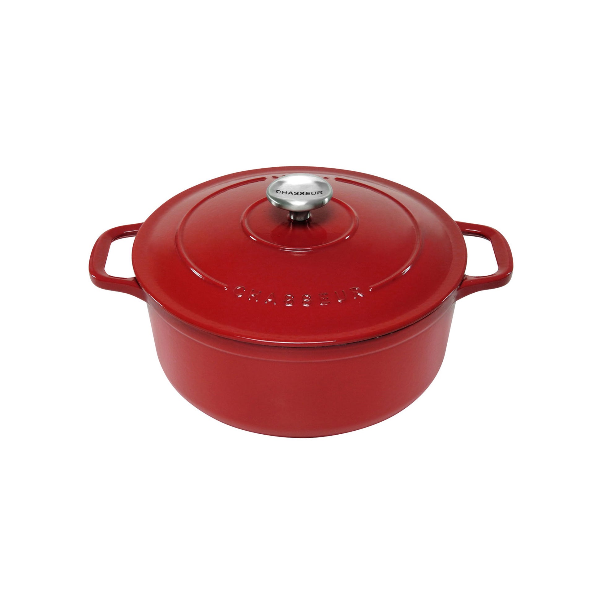 Red cast iron cookware pot with lid on a white background