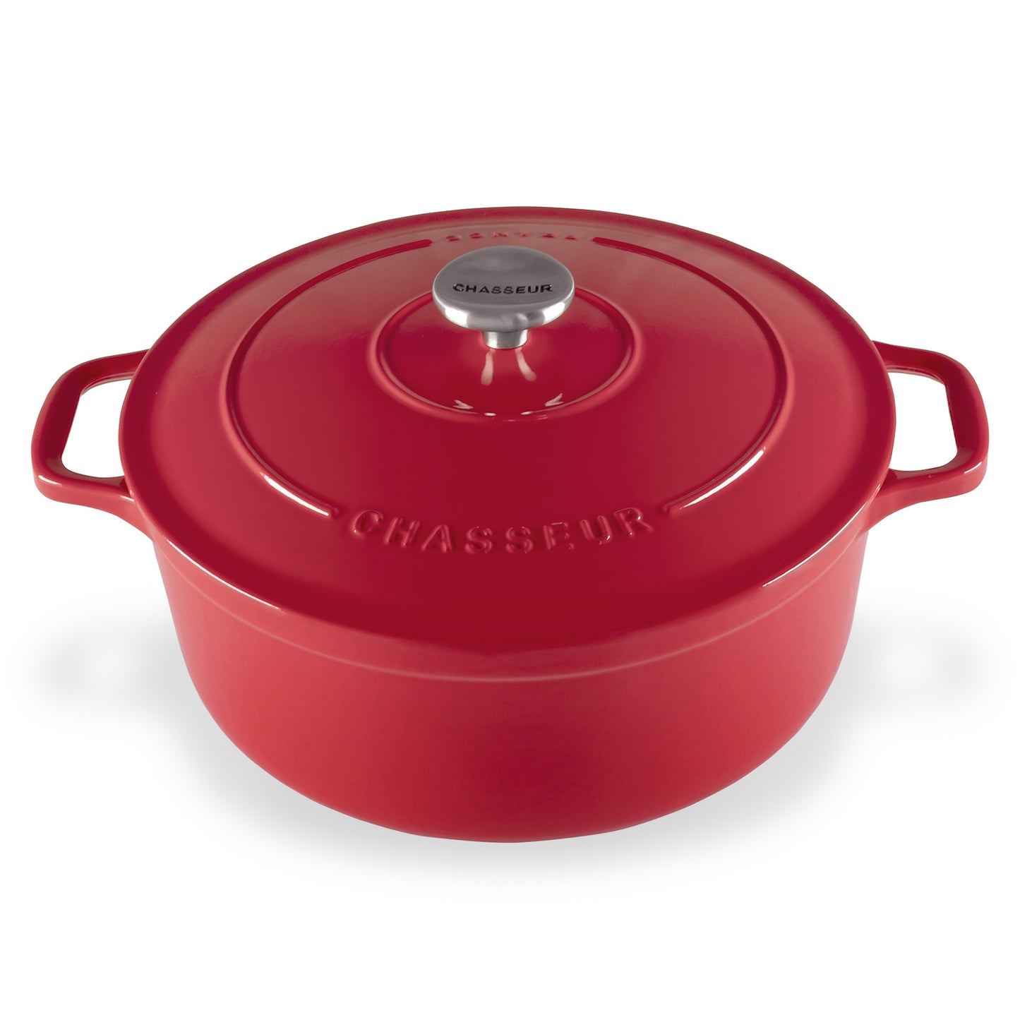 Red Chasseur cast iron cookware pot with lid on a white background