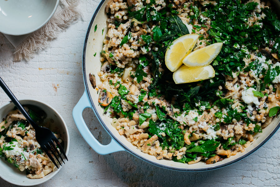 Herby pearl couscous with mushrooms and caramelised onion