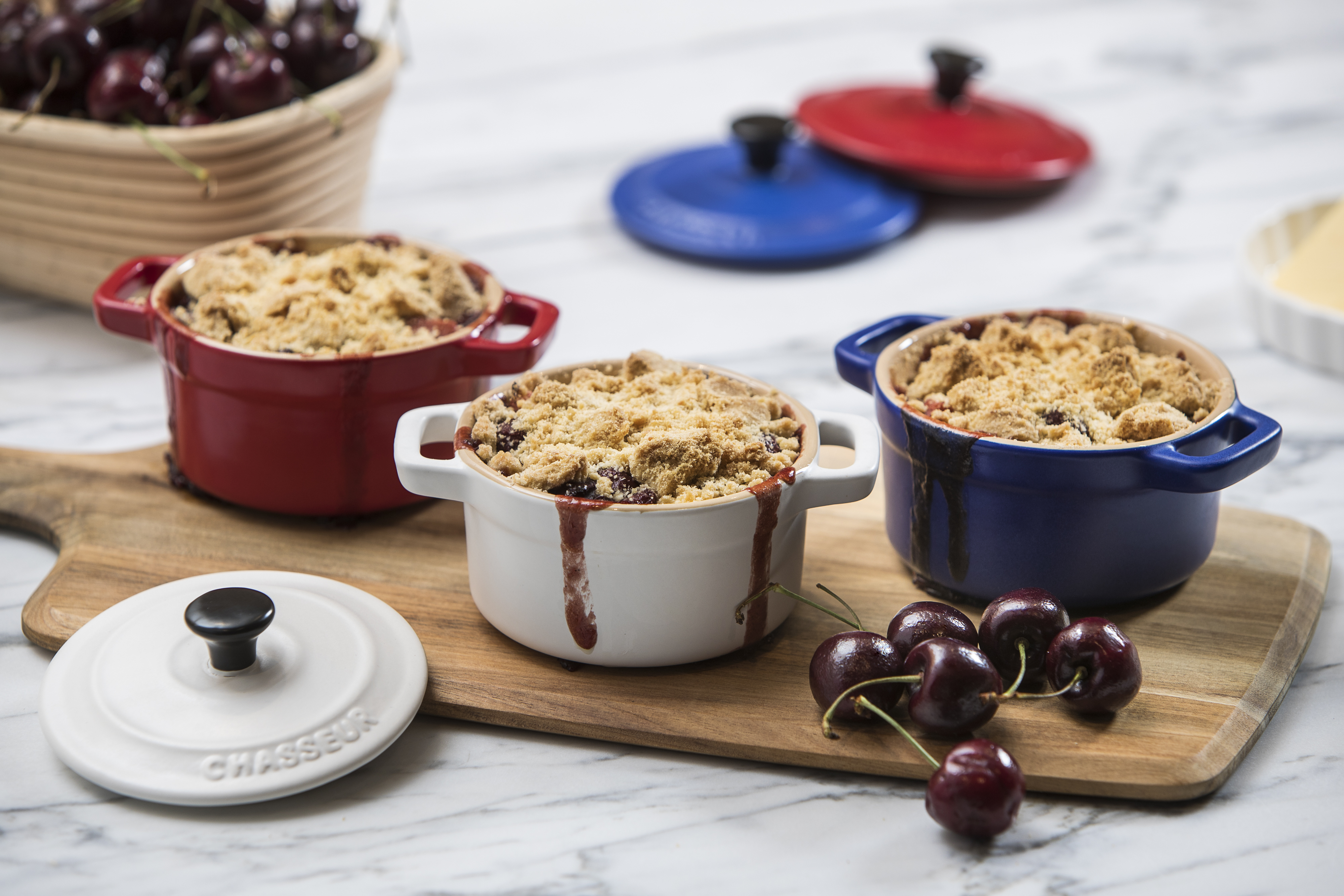 Cherry and apple fruit Crumble preparation by Jeff Simonetta in Chasseur Anniversary Edition ramekin set